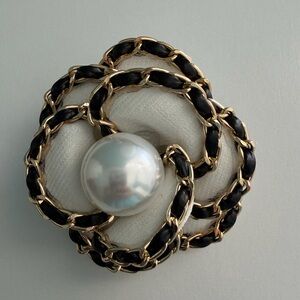 Faux Pearl Camellia Flower Brooch with Black and Gold Trim